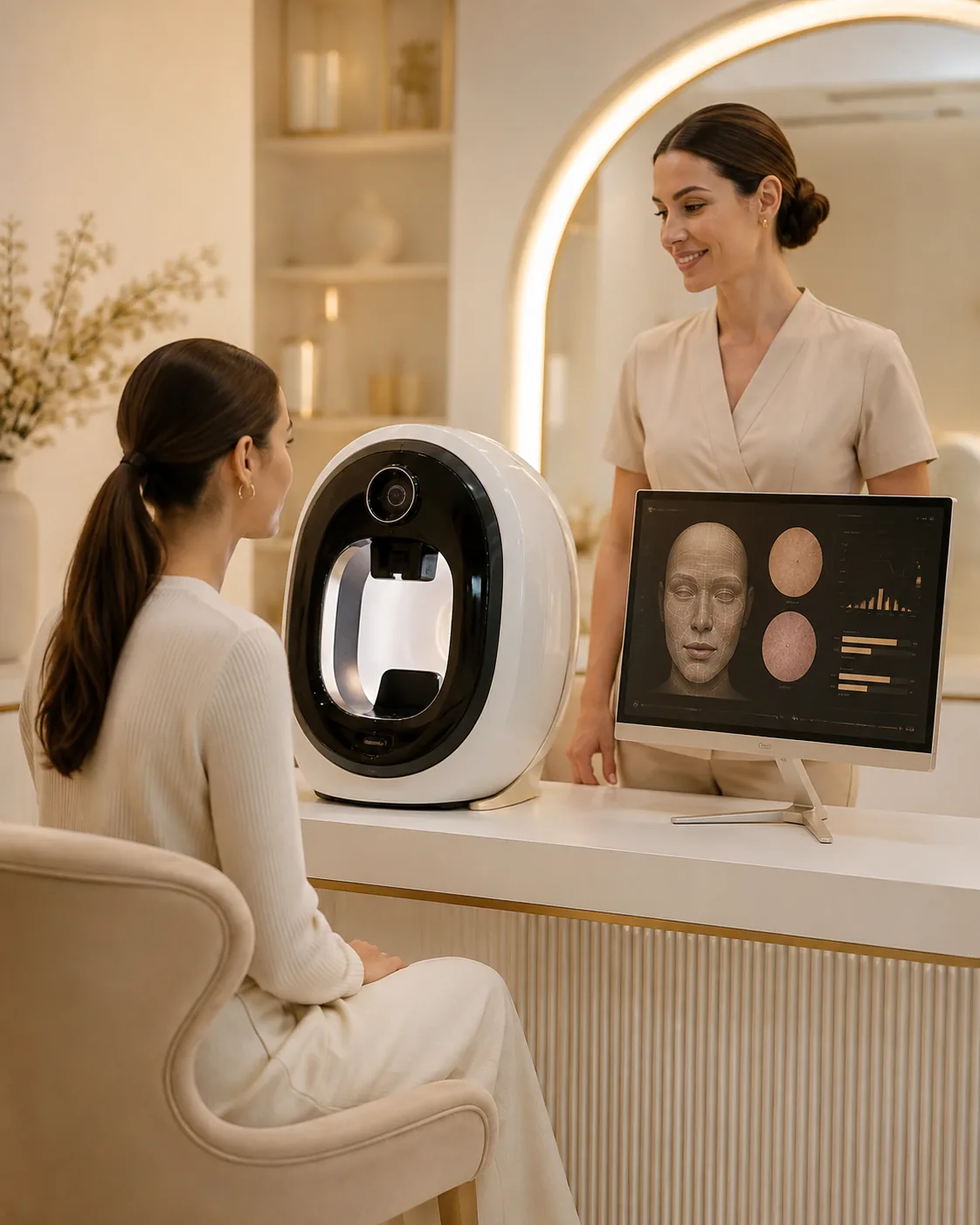 Client reviewing AI skin analysis results at Unique Aesthetics in Brantford