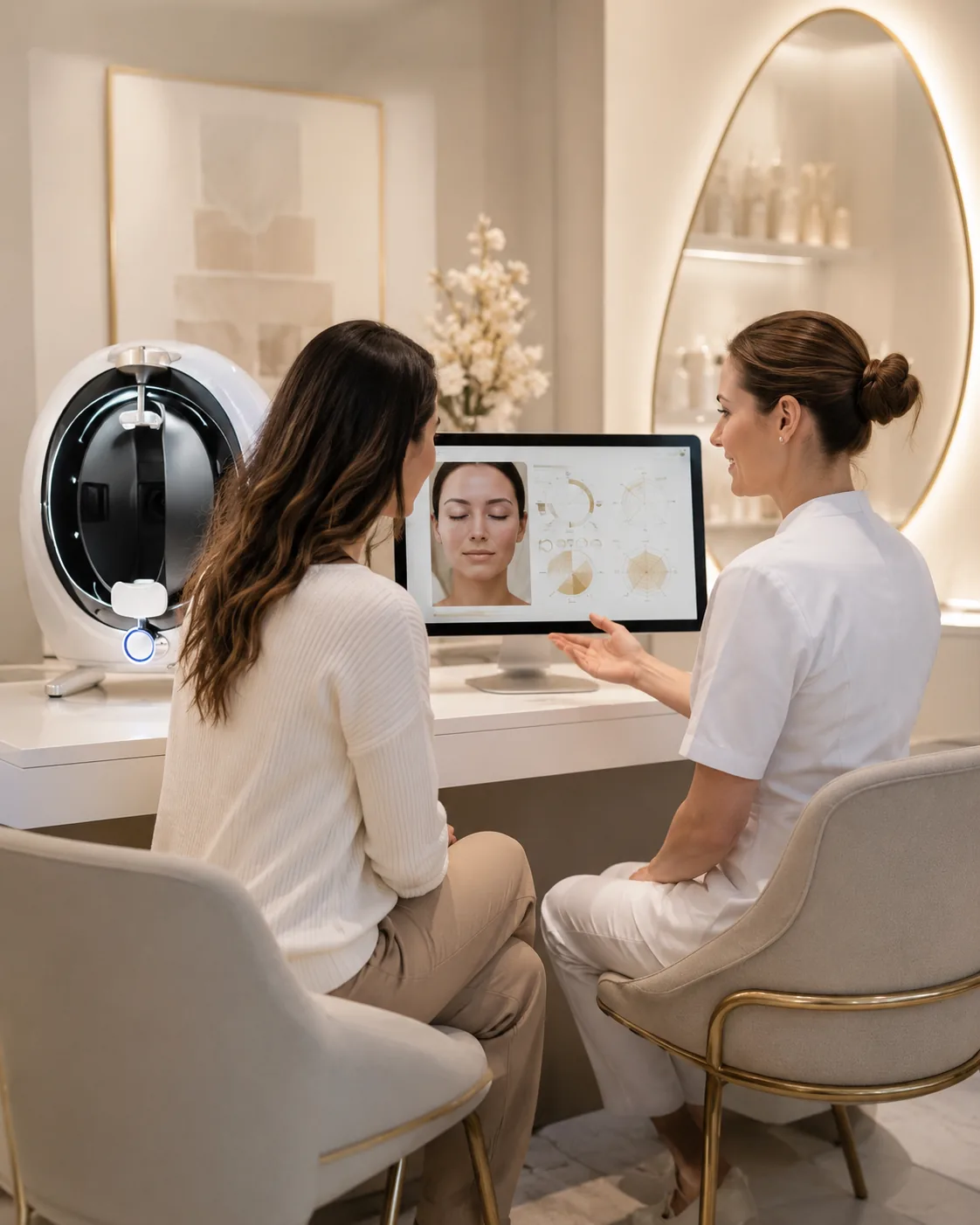 Skin specialist reviewing AI analysis results with a client at Unique Aesthetics