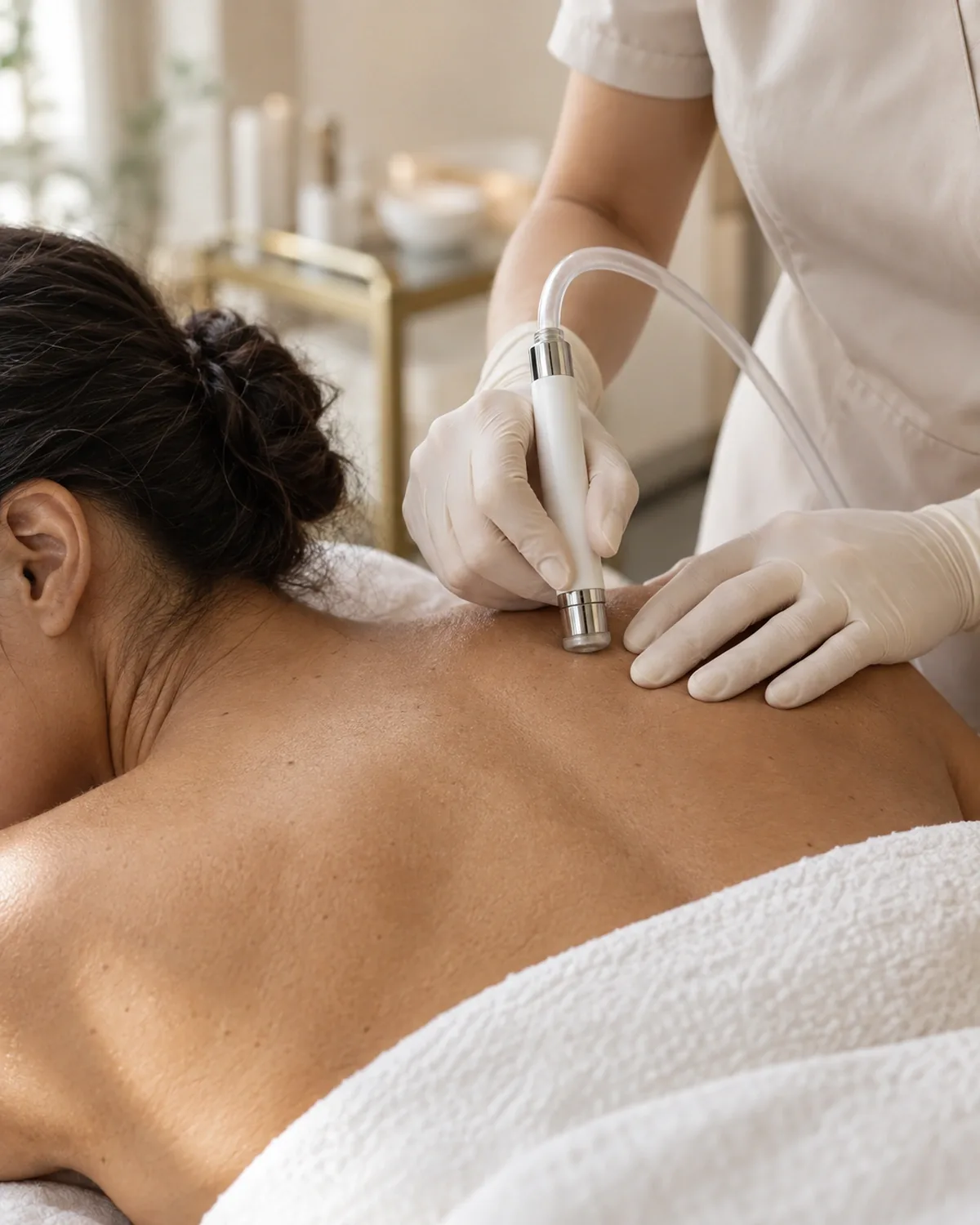 Microdermabrasion handpiece being used on a client's back at Unique Aesthetics